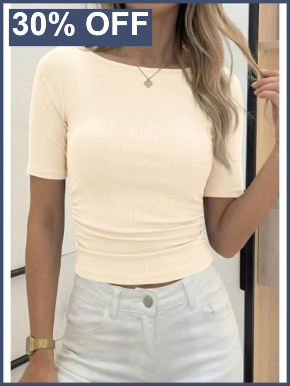 Womens Ribbed Knit Boat Neck Ruched Short Sleeve Slim Fit Crop Top_4